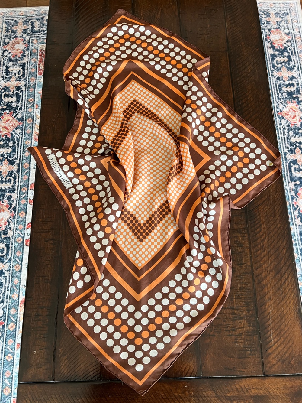 Pierre Cardin 100% Silk Scarf Brown Orange Mod Polka Dot 31” Square